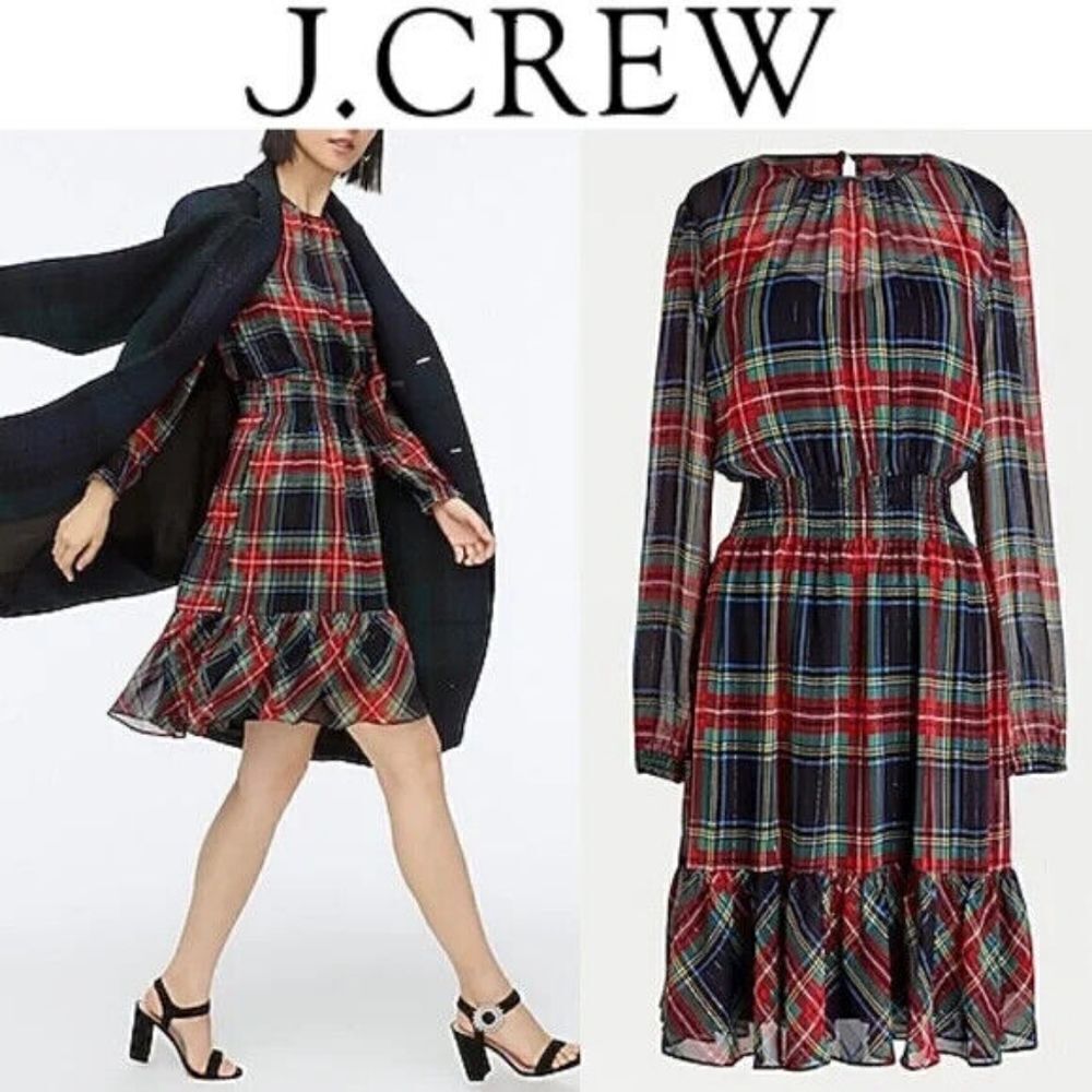 Jcrew Cinched-waist chiffon dress in Stewart tartan sz xl